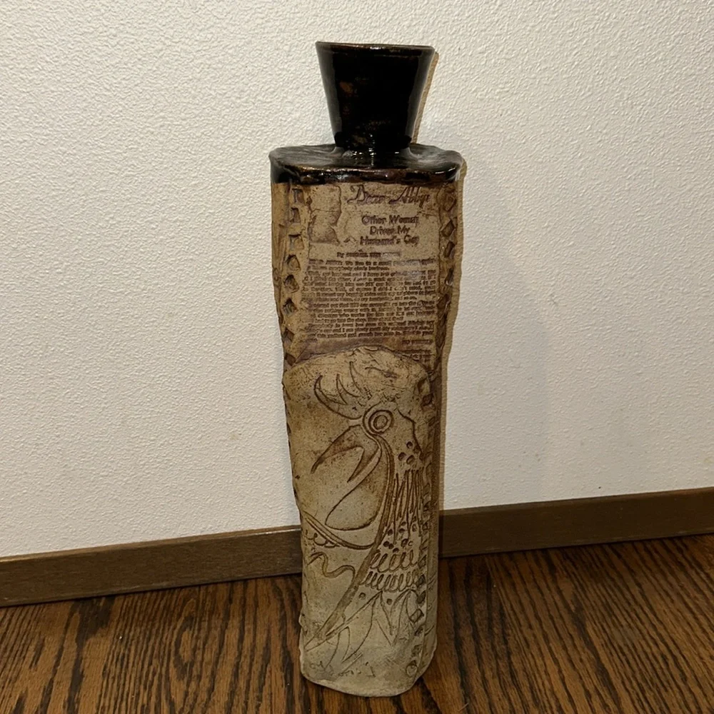 Signed Studio Art Pottery Vase Newspaper Print 16”